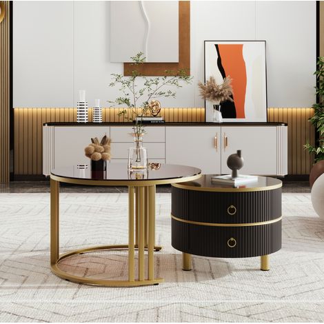Table basse ronde 70x70x45 cm noire en MDF et verre trempé avec 2 tiroirs et plateau laqué (1/5)