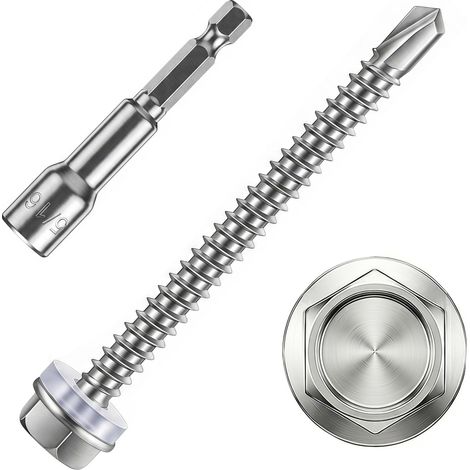 Vis Autoforeuse Metal Inox 410 Vis Autoperforante 4.8x55mm 60Stk avec Rondelles D'étanchéité EPDM Fixation étanche et 1 Douilles Hexagonale pour Metal Bac Acier Bois Tôle Placo Toiture (1/5)