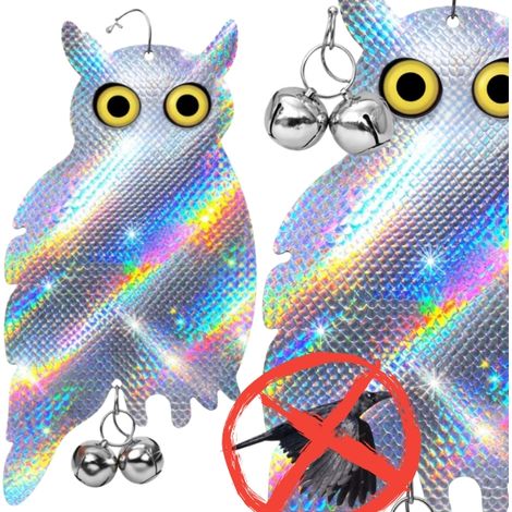 Búho colgante de pie con efecto holográfico, ahuyentador de palomas + campana (1/5)