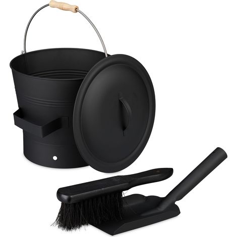 Relaxdays Secchio Raccogli Cenere con Coperchio, Cestello 7,5 L con Scopa e Paletta da Camino, in Legno e Ferro, Nero