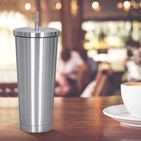750ml Klassischer Isolierbecher mit wiederverwendbarem Strohhalm und Klappdeckel - Edelstahl Vakuumisolierter Kaffeebecher (1/5)