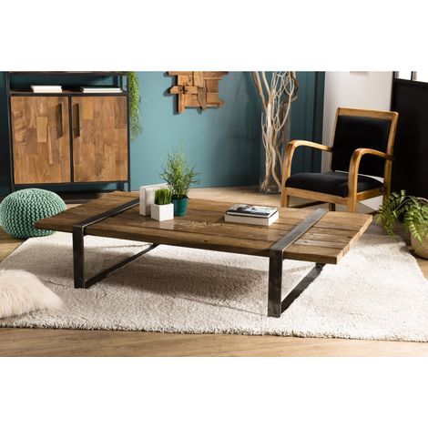 MATHIS - Table basse multi-planches marron bois cerclée métal gris (1/5)