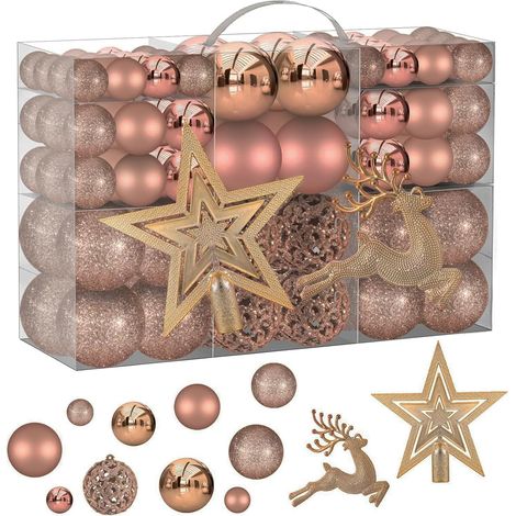 102 Pièces Assorties Boules de Noël Rose Doré Décoration de Sapin Non Cassable Décorations de Noël Roses Boules de Noël (1/5)