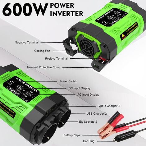 Convertitore di potenza per auto da 600 W da CC 12 V a CA 220 V con 2 porte USB Type-C e 2 prese CA - ALTRO (1/4)
