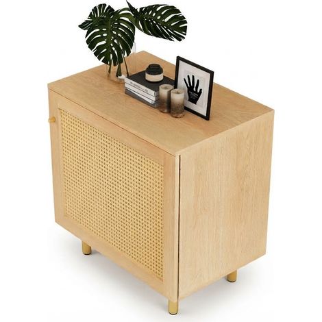 ELVMI Mobile Contenitore con 1 Anta in Rattan e Ripiano, Gambe in Metallo Dorate, per Camera Soggiorno Sala da Pranzo, MDF Naturale (1/5)