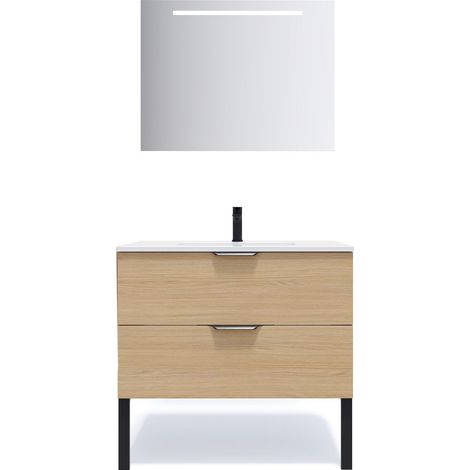 Meuble de salle de bain suspendu vasque intégrée 90cm 2 tiroirs Chêne clair + miroir - Soho (1/5)