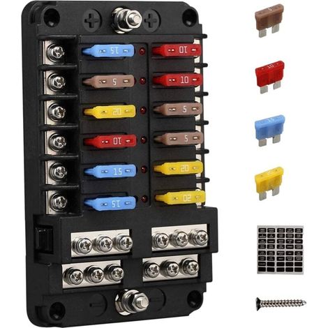 Panneau de Fusibles Bloc Fusible 12V 12 Voies avec BoîTe à au Sol et Volts pour Bateau Automobile RV RZR (1/4)
