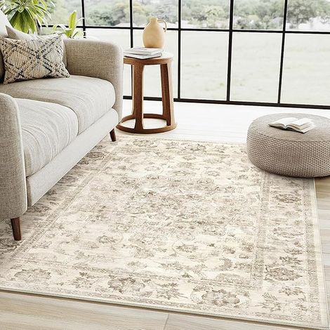 Beige Vintage Living Room Rug 120 x 170 cm Machine Washable (1/5)