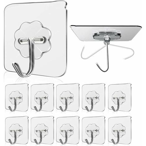 (10 Pièces)Crochet Adhésif 15kg(Max) Transparent Autocollants Crochet Murale Porte Serviette Pour Accroche Salle de Bain,Cuisine,Plafond,Accrocher,Porte,Peignoirs (1/5)