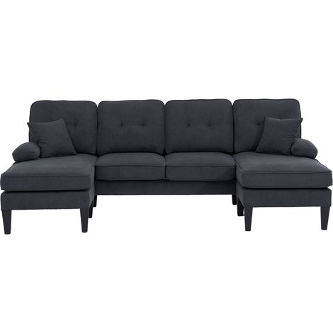 Sofá U de 4 plazas de lino gris oscuro con dos chaise longues (1/5)