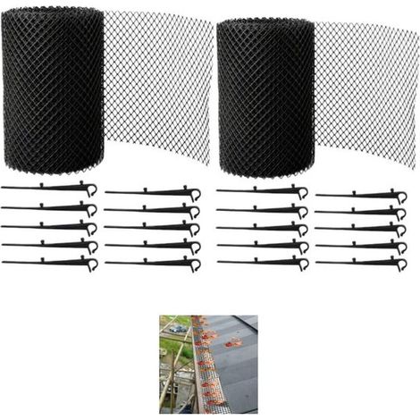 Lot de 2 protège-gouttières noirs en maille anti-feuilles avec 20 clips de fixation, 15 cm x 6 m, empêche l'accumulation de débris et de feuilles. (1/5)