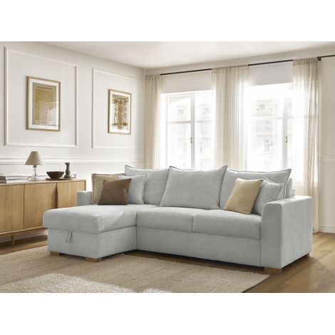 BOBOCHIC - Canapé d'angle réversible convertible ouverture express AUGUSTIN tissu texturé Réversible 140x200 Gris clair (1/5)