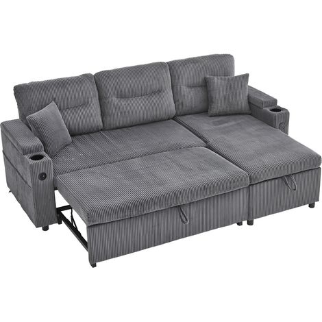 Canapé moderne 3 places en velours côtelé avec rangement, porte-gobelets et USB-C, chaise longue hydraulique et lit tiroir – un design élégant alliant confort, flexibilité et ambiance chaleureuse. (1/5)