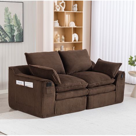 Divano 2 posti in corduroy marrone 191x94x85 cm con tasche laterali e cuscini (1/5)