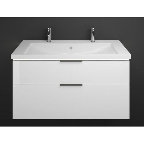 Burgbad Eqio Keramik-Doppelwaschtisch mit Unterschrank, 2 Auszüge mit LED-Beleuchtung, Griffleiste Weiß Hochglanz/Alpinweiss 123 cm Schwarz matt (1/2)