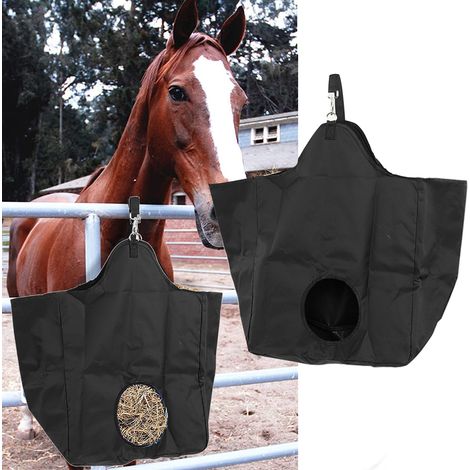 Sac à foin en tissu Oxford pour chevaux, portable et idéal pour l'extérieur, avec anneaux métalliques noirs. (1/5)