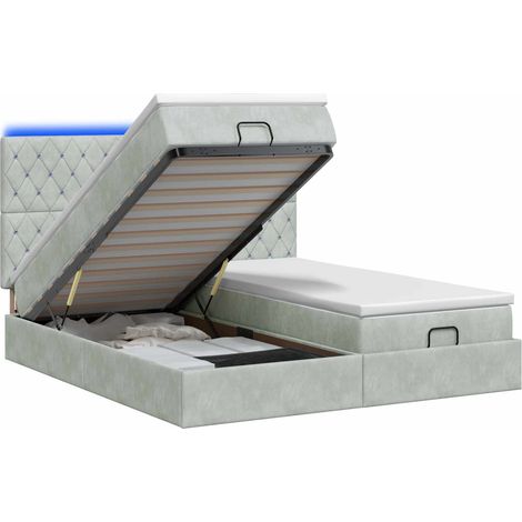 Lit coffre gris clair 200 x 200 cm avec matelas, LED, rangements, tête de lit réglable et velours, ressorts ensachés, adulte (1/5)