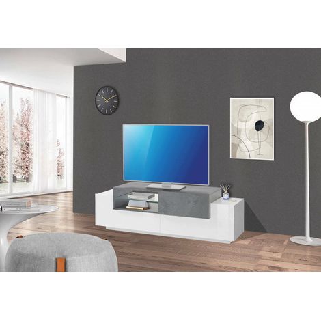 Dmora Mueble para TV para salón, Made in Italy, Mueble para TV con 3 puertas, 160x45h51 cm, Color blanco brillante y gris cemento, con embalaje reforzado (1/5)