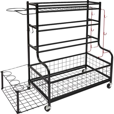 Organizador de material deportivo, estante de cuatro niveles, construcción resistente, color negro. (1/2)