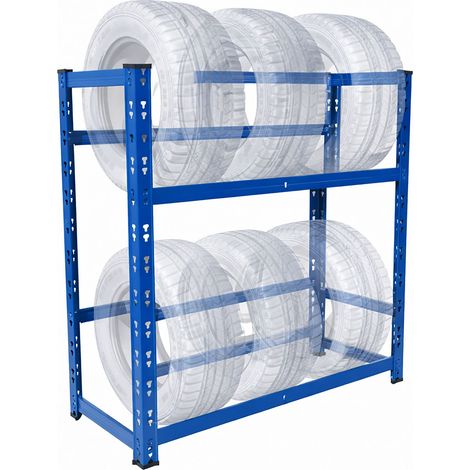 Relaxdays Range-pneus 4–6, H x L x P : 100 x 85 x 35 cm, 150 kg/niveau, acier, bleu