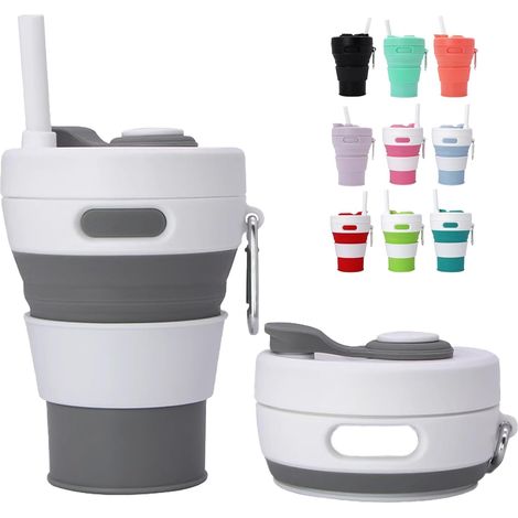 Gobelet Pliable Silicone 450ml,Couvercle Étanche, Poignée Anti-Brûlure&Mousqueton - Plie à 6cm,Lavable Lave-Vaisselle - Randonnée,Camping,Sport(Gris) (1/5)