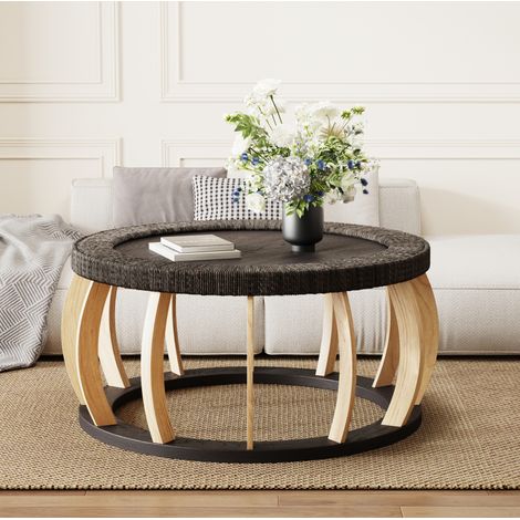 Table basse ronde 90x90x43 cm noir et brun en bois massif et MDF avec pieds courbés et style bohème (1/5)
