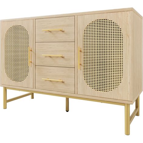 Buffet en rotin avec 3 tiroirs et 2 portes, étagères ajustables, 120 x 40 x 74 cm, couleur chêne Sonoma (1/5)