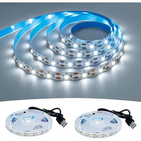 Bande LED USB 5V blanc froid 6000K, 4 m (2 pièces), flexible, SMD2835, haute luminosité, non étanche IP20