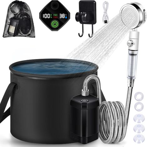 Douche Camping avec Filtrante, 6000mAh Pompe de Douche Électrique Rechargeable avec 4 Cartouche Filtrante, Affichage Intelligent de la Température 20L Seaupour Camping Randonnée Animaux