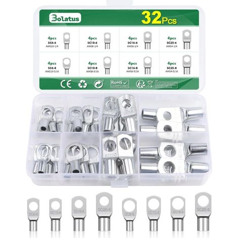 Jeu de 32 cosses de câble tubulaires, cosses de câble 6 mm², 10 mm², 16 mm², 25 mm², cosses de câble à anneau en cuivre étamé pour œillets d'anneau de véhicule M6 M8 (1/5)