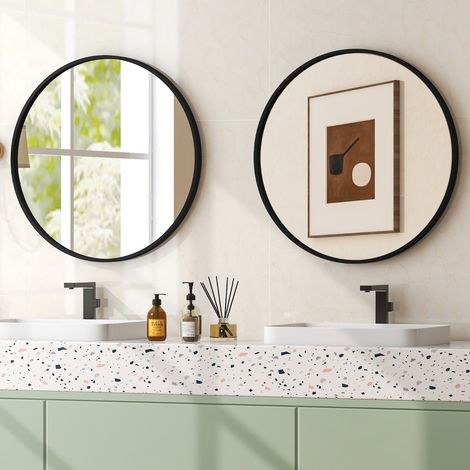 Miroir Rond Noir 61 cm Miroir Mural avec Cadre en Métal Mat Brossé Antirouille pour Décoration Minimaliste Moderne Maison Chic (1/4)