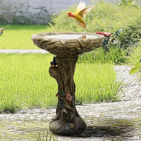 TAISHENGDA-Fontaine-bain d'oiseaux en béton aspect bois, hauteur 65 cm x diamètre 45,5 cm, avec oiseau décoratif artificiel
