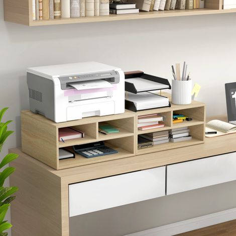 Organizador de escritorio con aspecto de madera, con 3 compartimentos, espacio para material de oficina y soporte para impresora. Dimensiones: 47 cm de largo x 40 cm de ancho x 22,5 cm de alto.