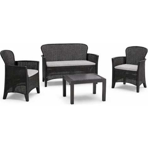 Salotto da giardino per 4 persone in Rattan di colore Antracite - Set da esterno composto da: 1 Tavolino, 1 Divano e 2 Poltrone con cuscini (1/5)