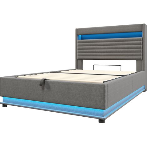 Gepolstertes Bett 140x200 cm grau aus Leinen mit USB-C, LED und hydraulischem Stauraum (1/5)