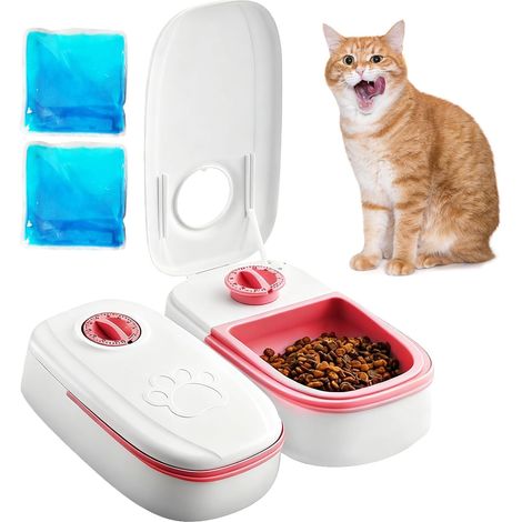 Distributeur automatique de croquettes pour chats et petits chiens, pour aliments humides et secs (rose), avec minuterie 48 heures et capacité de 700 ml. Convient pour 2 repas. (1/5)
