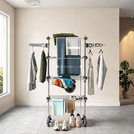Sèche-linge dépliable 142 x 55 x 172 cm gris avec roulettes (1/5)