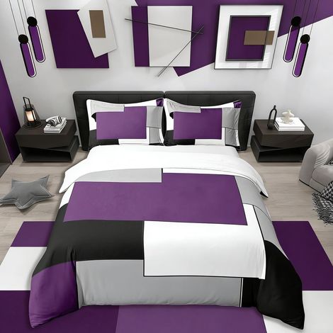 Housse de Couette 220x240cm carré Parure de Lit Femme Noir Gris Blanc Literie Set Géométrique Ensemble de lit avec 2 taie d'oreiller (1/5)