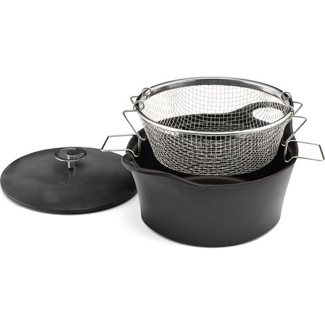 Volcan - Cocotte ronde noire 24 cm avec panier cuisson pour friture et cuisson à l'eau (1/5)