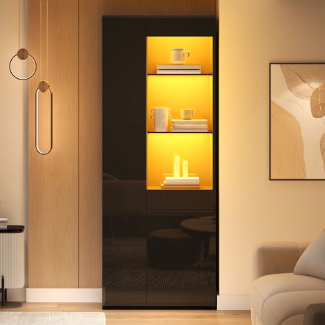 Vitrina de 70 x 35 x 180 cm con cajones, vitrina de cristal brillante con iluminación LED, armario alto, módulo de pared con almacenamiento integrado, vitrina independiente, almacenamiento compartimen (1/5)