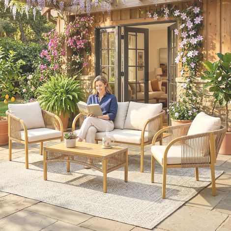 4-Teiliges Gartenmöbel-Set – Sofa + 2 Sessel + Tisch – Kissen – Stahl und Rattan – 120 x 72 x 73 cm – Khaki