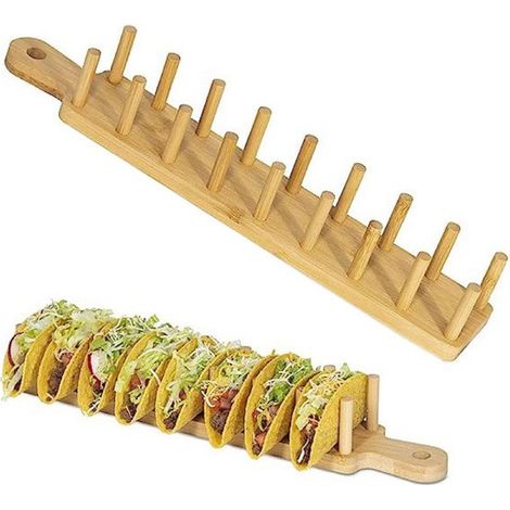 Soportes para tacos, 1 pieza de bambú - cada uno tiene capacidad para 8 tacos, soportes multifuncionales para tortillas, burritos y embutidos. (1/5)
