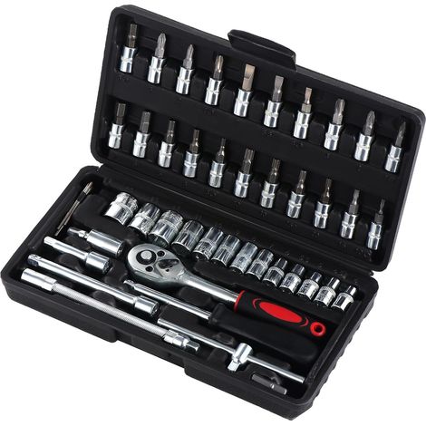 Juego de 46 llaves de carraca de 1/4 de pulgada con barras de extensión para taladro, herramientas métricas de carraca, adecuadas para la reparación de automóviles. (1/5)