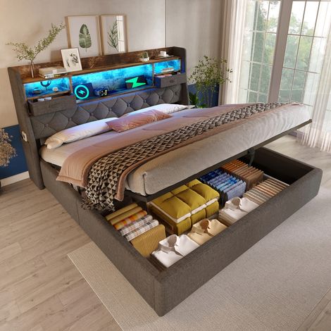 Polsterbett 160x200 cm mit hydraulischem Stauraum und LED-Beleuchtung, Doppelbett mit USB-Ladefunktion und Lattenrost, Leinenstoff Grau (1/5)