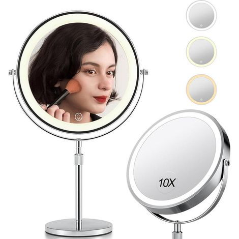 Miroir de maquillage rotatif double face grossissant 1X/10X avec lumière LED réglable argentée (1/5)