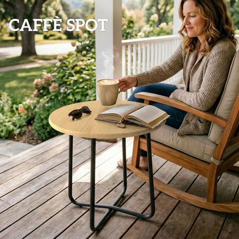 Table de jardin ronde métal effet bois, Ø48x51 cm, pour balcon terrasse (1/5)