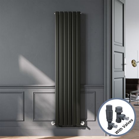 ELEGANT Designer Black Double Panel Vertical Radiator 1800 x 408mm with Anthracite Angled Thermostatic Radiator Valves (1/5)