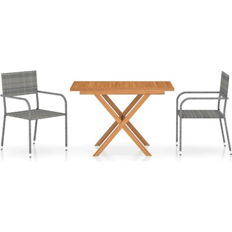Ensemble repas de jardin table et 2 chaises bois acacia et résine tressée gris 3 pcs (1/5)