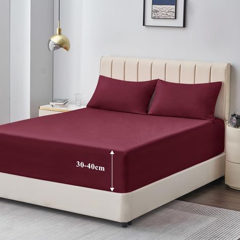 Drap Housse 160x200 Grand Bonnet 40 cm Drap Housse 2 Personnes 160 x 200 Grand Bonnet 40 cm Matelas en Microfibre avec Élastique Tout Autour, Bordeaux (1/5)