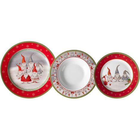 TrAdE Shop Traesio - Set Servizio Di Piatti Da Tavola In Porcellana 18 Pezzi Design Con Gnomi Natalizio Festivo - (1/2)